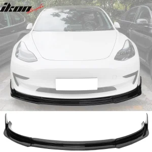 Fits 17-23 Tesla Model 3 IKON V4 3PCS Front Lip w/ V1 Winglets Gloss Black ABS - Image 6