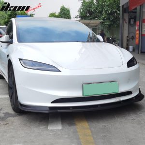 Fits 24-25 Tesla Model 3 3PCS IKON Style Front Bumper Lip Spoiler Matte Black PP - Image 4