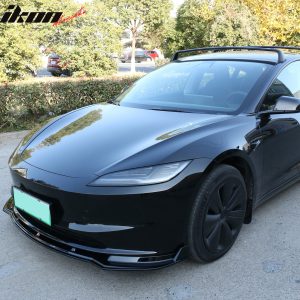 Fits 24-25 Tesla Model 3 3PCS IKON Style Front Bumper Lip Spoiler Gloss Black PP - Image 3