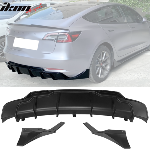 Fits 17-23 Tesla Model 3 Rear Bumper Lip Diffuser w/ Aprons 3PC Matte Black - Image 1