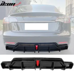 Fits 17-23 Tesla Model 3 IKON Style Gloss Black Rear Bumper Lip Diffuser W/ LED - Image 6