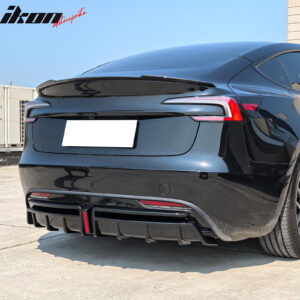 Fits 24-25 Tesla Model 3 Highland Rear Bumper Diffuser Gloss Black Lip LED Apron - Image 3